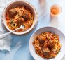 Air fryer meatballs served with spaghetti