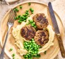 Beef rissoles with mash and peas
