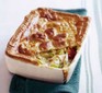 Chicken and leek puff pastry pie in a baking dish