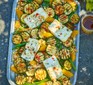 Courgette, green bean & feta salad in a roasting dish