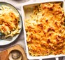 Macaroni cheese in dish and on plate