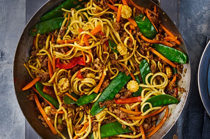 Pork mince stir-fry with vegetables and noodles