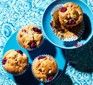 Raspberry muffins on blue plates